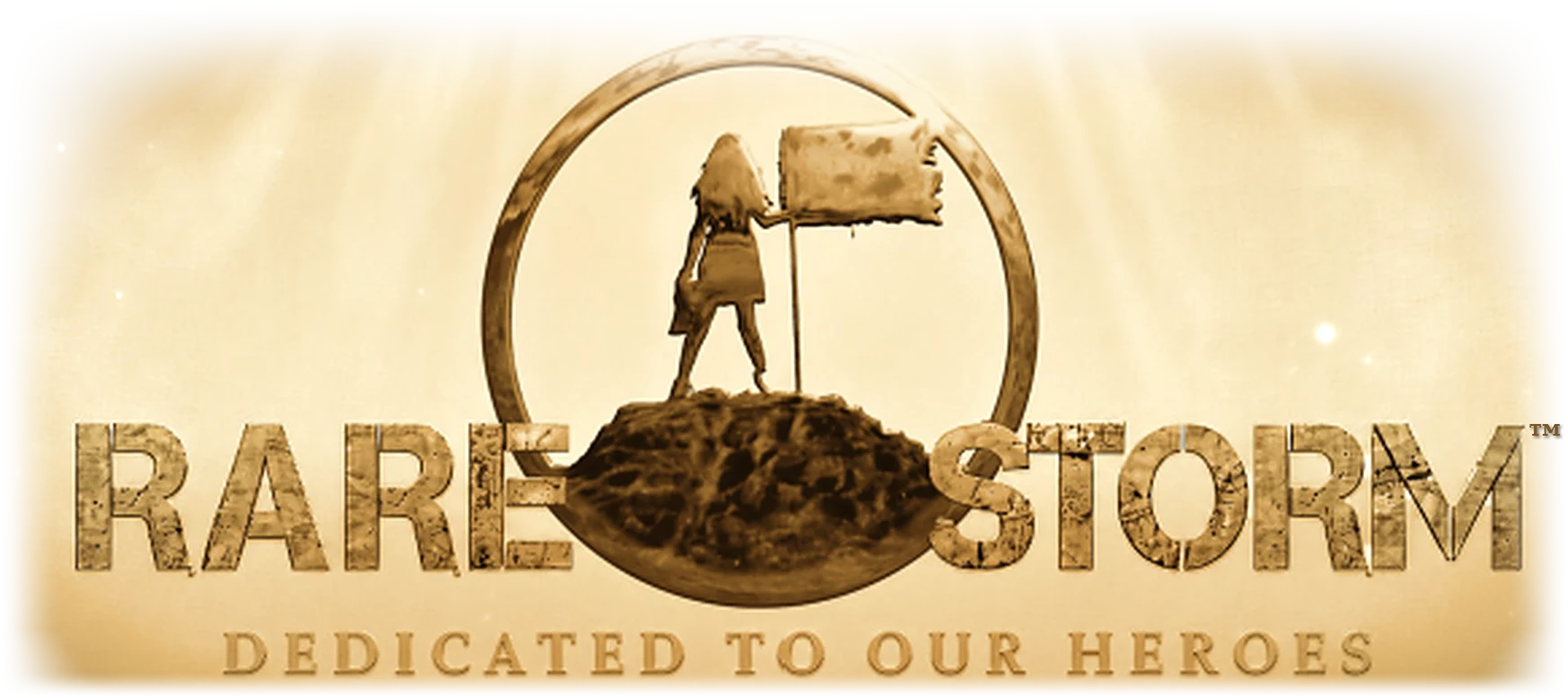 RareStorm™: a girl planting a flag atop a mountain inside a bronze ring, between the words RARE and STORM. Dedicated to our heroes.